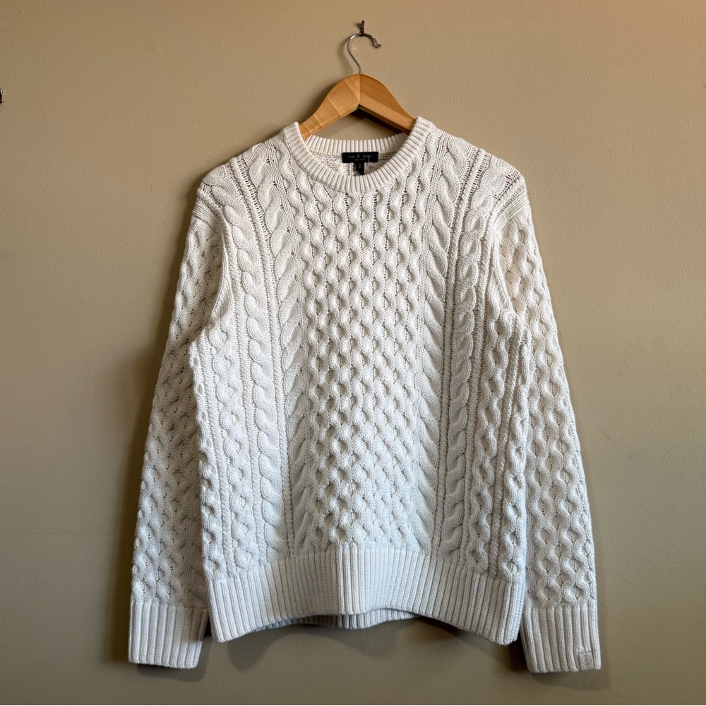 Rag & Bone Merino Wool / Cotton Blend Chunky White Cable Knit Sweater - Crewneck